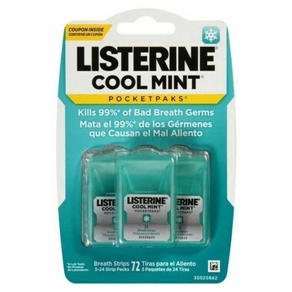 LISTERINE POCKETPAKS Fresh Breath Strips - Cool Mint, 24 Strips Set Of 3 New